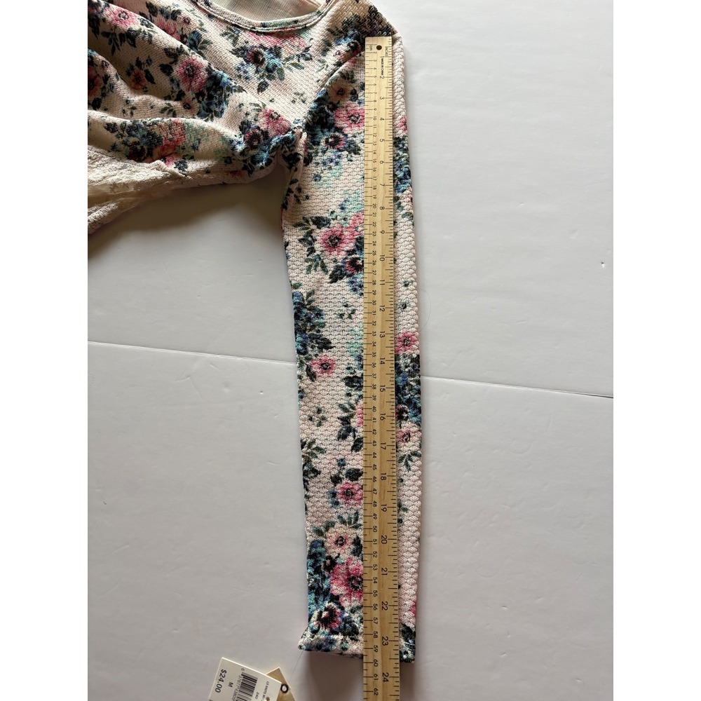 Tru Self Womens Floral Waffle Knit Top Lace Chiffon Trim Pink Blue Size M NEW - Picture 6 of 8